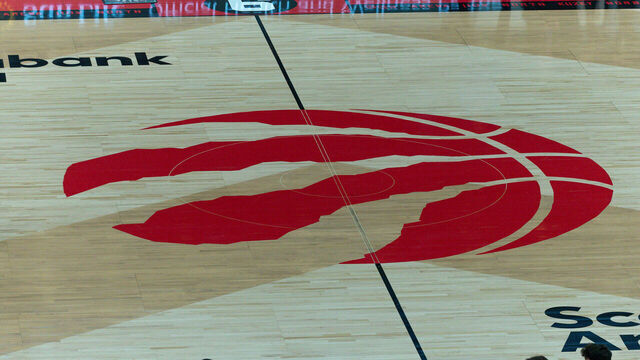 Toronto Raprots logo on the court during the Toronto Raptors vs Phil6adelphia 7ers NBA regular season game at Scotiabank Arena on October 28, 2022, in Toronto, Canada (Toronto Raptors lost 112-90)