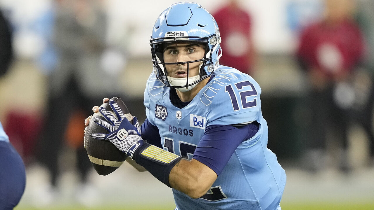 TORONTO, CANADA - OCTOBER 6: Chad Kelly #12 of the Toronto Argonauts looks to pass against the Edmonton Elks at BMO Field on October 6, 2023 in Toronto, Canada.