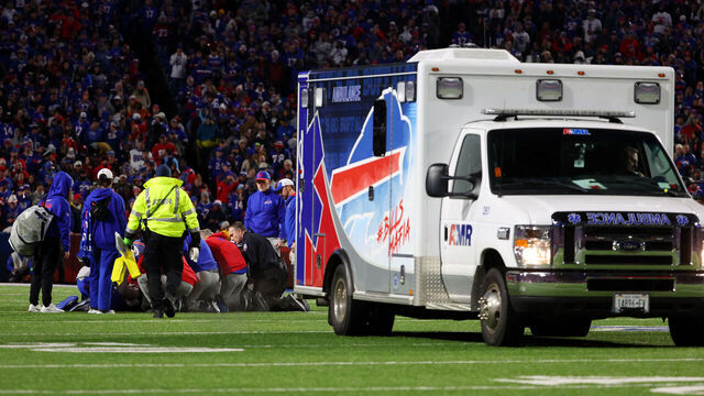 ORCHARD PARK, NEW YORK - OCTOBER 15: Damien Harris #22 of the Buffalo Bills is helped by athletic trainers before being taken away in an ambulance after an injury in the second quarter of a game against the New York Giants at Highmark Stadium on October 15, 2023 in Orchard Park, New York.