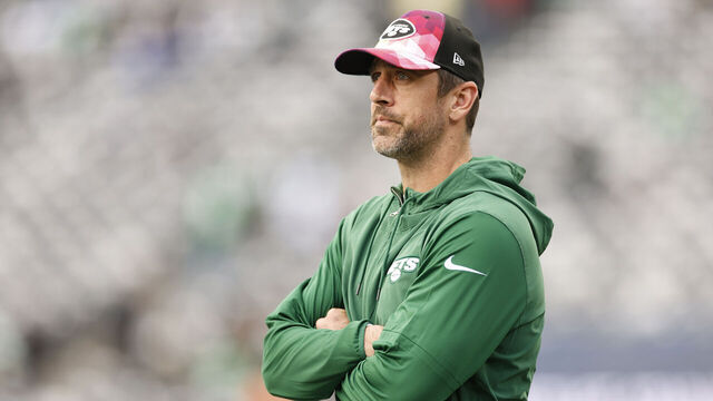 EAST RUTHERFORD, NEW JERSEY - OCTOBER 15: Aaron Rodgers #8 of the New York Jets looks on prior to the game against the Philadelphia Eagles at MetLife Stadium on October 15, 2023 in East Rutherford, New Jersey.