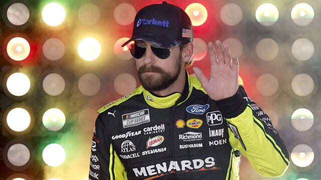 LAS VEGAS, NEVADA - OCTOBER 15: Ryan Blaney, driver of the #12 Menards/Tarkett Ford, waves to fans as he walks onstage during driver intros prior to the NASCAR Cup Series South Point 400 at Las Vegas Motor Speedway on October 15, 2023 in Las Vegas, Nevada.