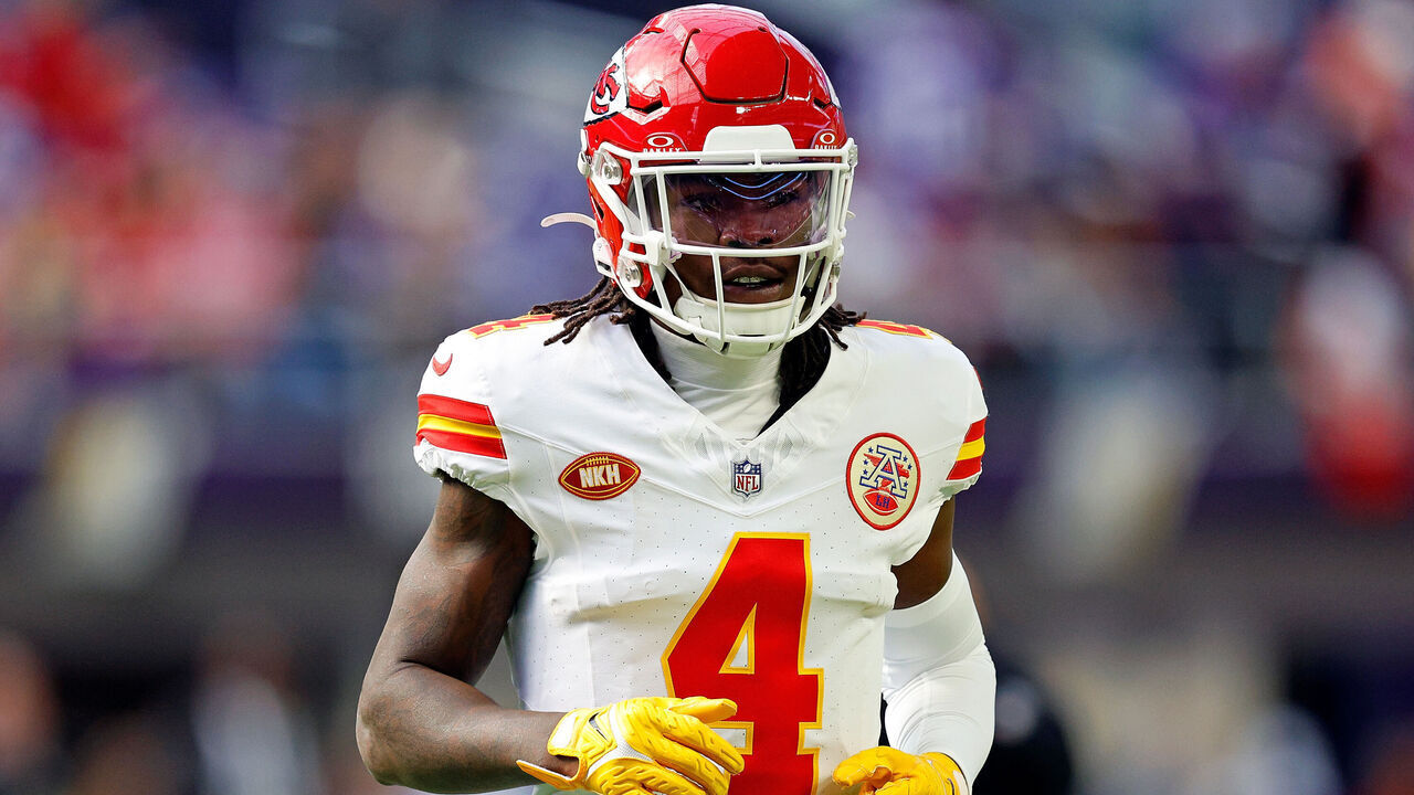 MINNEAPOLIS, MINNESOTA - OCTOBER 08: Rashee Rice #4 of the Kansas City Chiefs looks on prior to the start of the game against the Minnesota Vikings at U.S. Bank Stadium on October 08, 2023 in Minneapolis, Minnesota. The Chiefs defeated the Vikings 27-20.