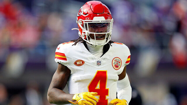 MINNEAPOLIS, MINNESOTA - OCTOBER 08: Rashee Rice #4 of the Kansas City Chiefs looks on prior to the start of the game against the Minnesota Vikings at U.S. Bank Stadium on October 08, 2023 in Minneapolis, Minnesota. The Chiefs defeated the Vikings 27-20.