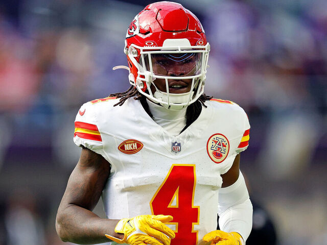 MINNEAPOLIS, MINNESOTA - OCTOBER 08: Rashee Rice #4 of the Kansas City Chiefs looks on prior to the start of the game against the Minnesota Vikings at U.S. Bank Stadium on October 08, 2023 in Minneapolis, Minnesota. The Chiefs defeated the Vikings 27-20.