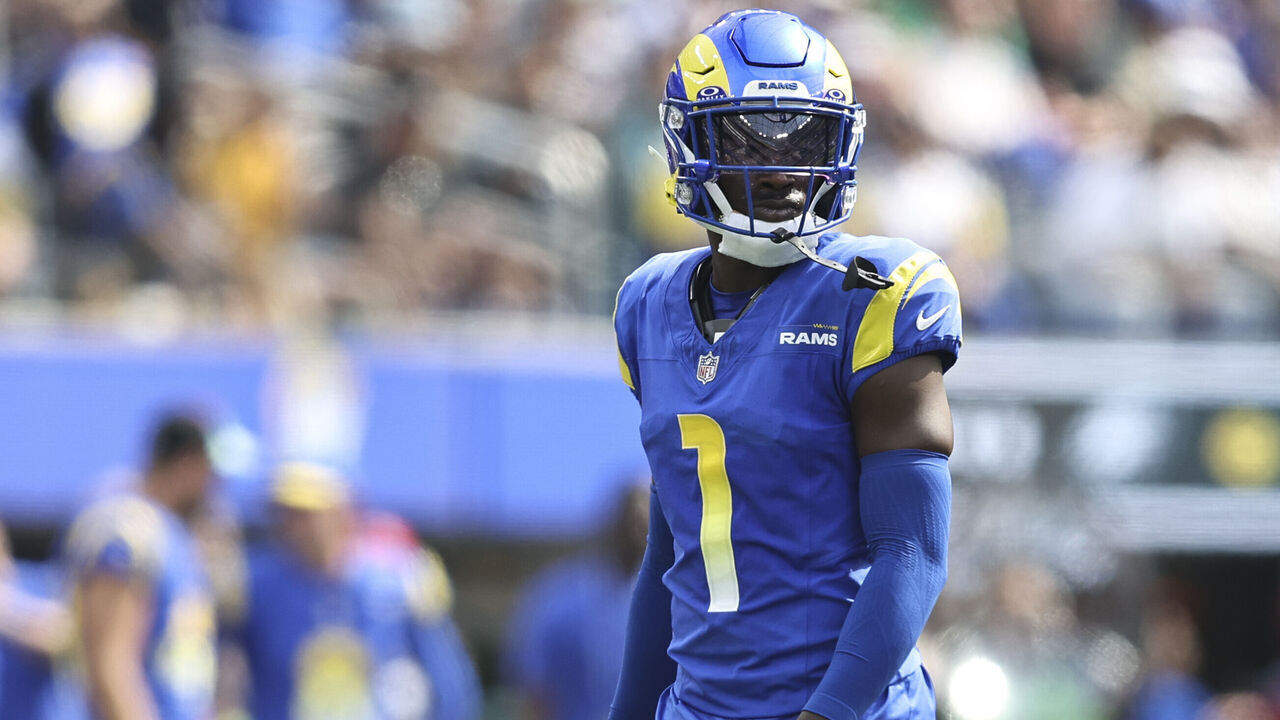 INGLEWOOD, CALIFORNIA - OCTOBER 08: Derion Kendrick #1 of the Los Angeles Rams looks on during an NFL football game between the Los Angeles Rams and the Philadelphia Eagles at SoFi Stadium on October 08, 2023 in Inglewood, California.
