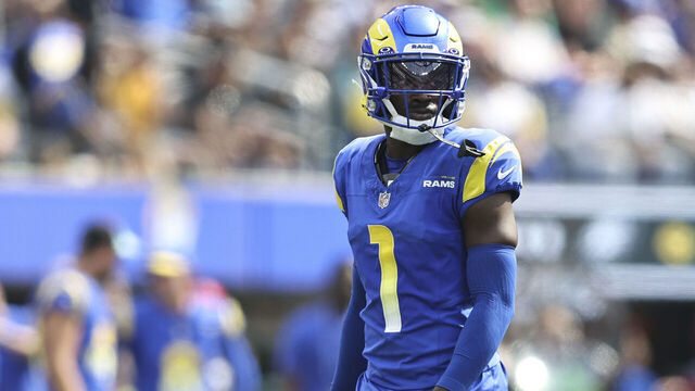 INGLEWOOD, CALIFORNIA - OCTOBER 08: Derion Kendrick #1 of the Los Angeles Rams looks on during an NFL football game between the Los Angeles Rams and the Philadelphia Eagles at SoFi Stadium on October 08, 2023 in Inglewood, California.