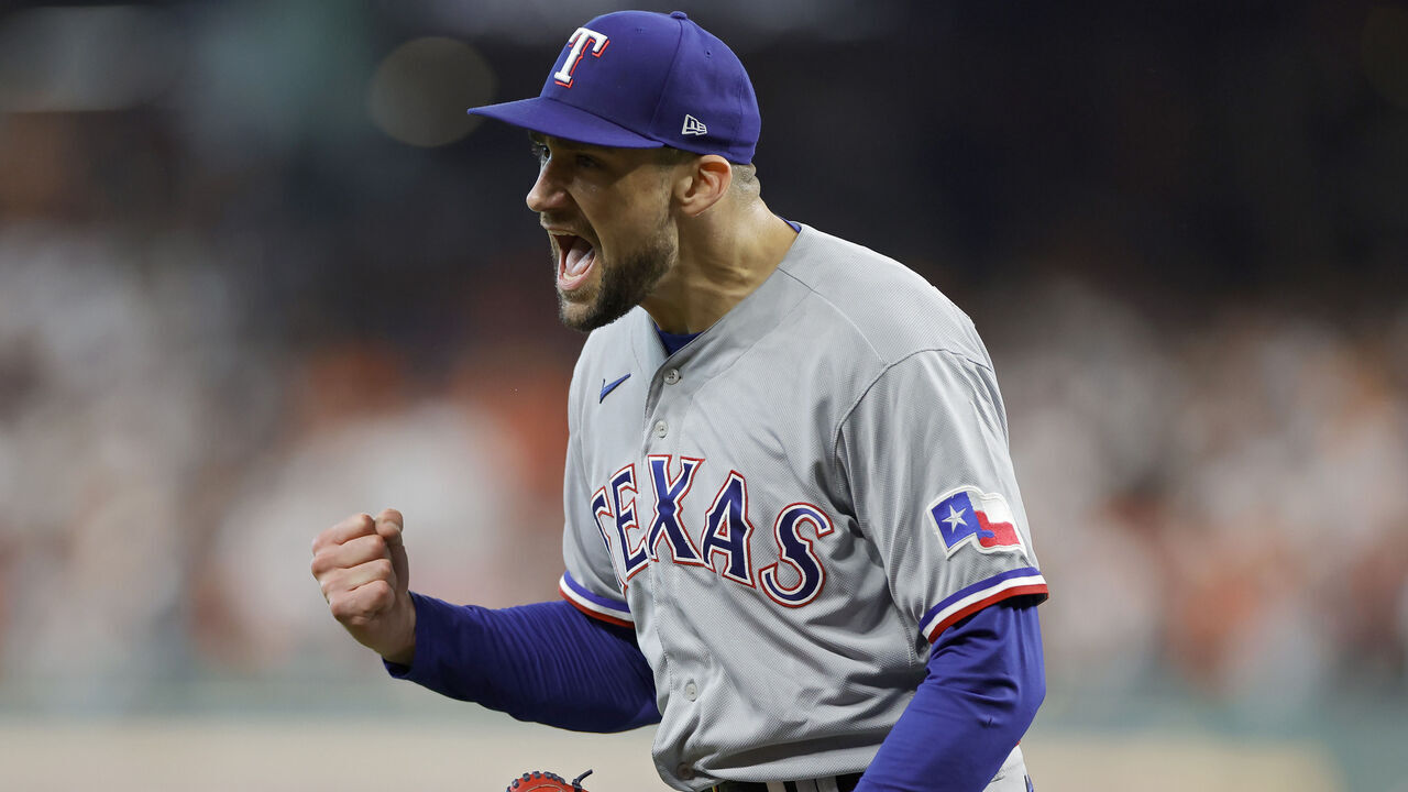 HOUSTON, TEXAS - OCTOBER 16: Nathan Eovaldi #17 of the Texas Rangers celebrates an out against the Houston Astros to end the fifth inning in Game Two of the American League Championship Series at Minute Maid Park on October 16, 2023 in Houston, Texas.