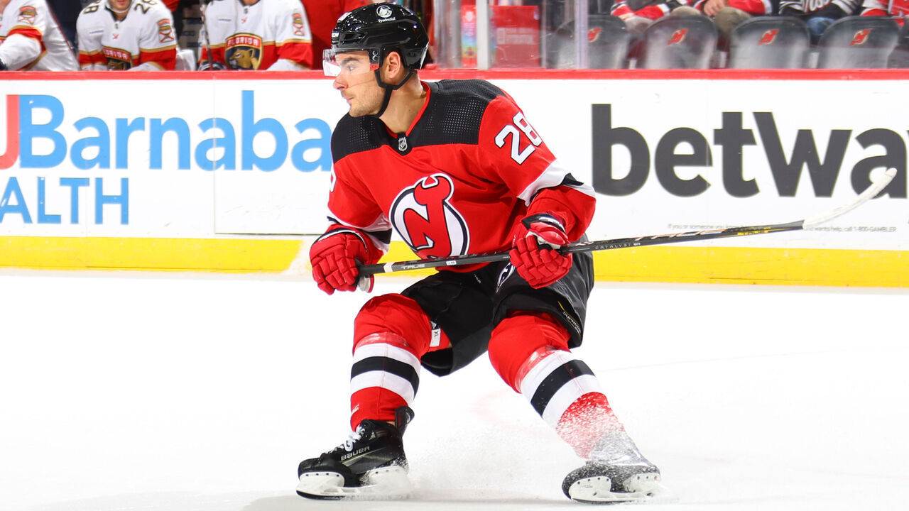 NEWARK, NJ - OCTOBER 16: Timo Meier #28 of the New Jersey Devils skates in the first period of the game against the Florida Panthers at the Prudential Center on October 16, 2023 in Newark, New Jersey.