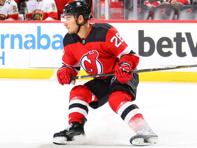 NEWARK, NJ - OCTOBER 16: Timo Meier #28 of the New Jersey Devils skates in the first period of the game against the Florida Panthers at the Prudential Center on October 16, 2023 in Newark, New Jersey.