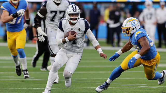 INGLEWOOD, CALIFORNIA - OCTOBER 16: Dak Prescott #4 of the Dallas Cowboys runs for a touchdown in the first quarter against the Los Angeles Chargers at SoFi Stadium on October 16, 2023 in Inglewood, California.