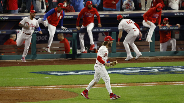 PHILADELPHIA, PENNSYLVANIA - OCTOBER 16: Bryce Harper #3 of the Philadelphia Phillies reacts after the final out to defeat the Arizona Diamondbacks 5-3 in Game One of the Championship Series at Citizens Bank Park on October 16, 2023 in Philadelphia, Pennsylvania.