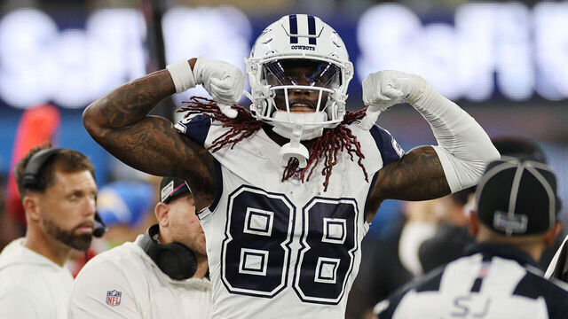INGLEWOOD, CALIFORNIA - OCTOBER 16: CeeDee Lamb #88 of the Dallas Cowboys celebrates in the fourth quarter against the Los Angeles Chargers at SoFi Stadium on October 16, 2023 in Inglewood, California.