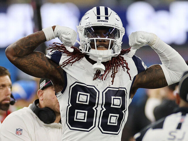 INGLEWOOD, CALIFORNIA - OCTOBER 16: CeeDee Lamb #88 of the Dallas Cowboys celebrates in the fourth quarter against the Los Angeles Chargers at SoFi Stadium on October 16, 2023 in Inglewood, California.