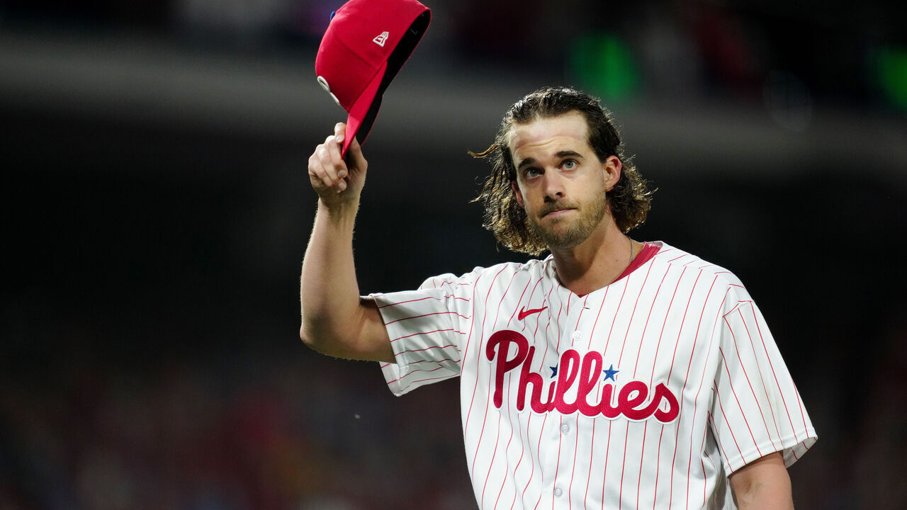 PHILADELPHIA, PA - OCTOBER 11: Aaron Nola #27 of the Philadelphia Phillies acknowledges the crowd as he walks back to the dugout during a pitching change during Game 3 of the Division Series between the Atlanta Braves and the Philadelphia Phillies at Citizens Bank Park on Wednesday, October 11, 2023 in Philadelphia, Pennsylvania.