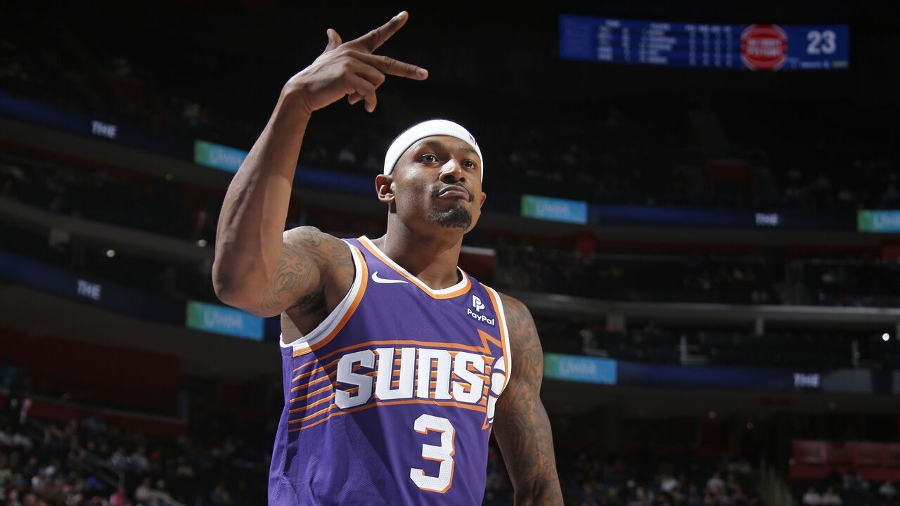 DETROIT, MI - OCTOBER 8: Bradley Beal #3 of the Phoenix Suns celebrates a three point basket against the Detroit Pistons on October 8, 2023 at Little Caesars Arena in Detroit, Michigan. NOTE TO USER: User expressly acknowledges and agrees that, by downloading and/or using this photograph, User is consenting to the terms and conditions of the Getty Images License Agreement. Mandatory Copyright Notice: Copyright 2023 NBAE