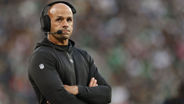 EAST RUTHERFORD, NEW JERSEY - OCTOBER 15: Head coach Robert Saleh of the New York Jets looks on during the first half in the game against the Philadelphia Eagles at MetLife Stadium on October 15, 2023 in East Rutherford, New Jersey.
