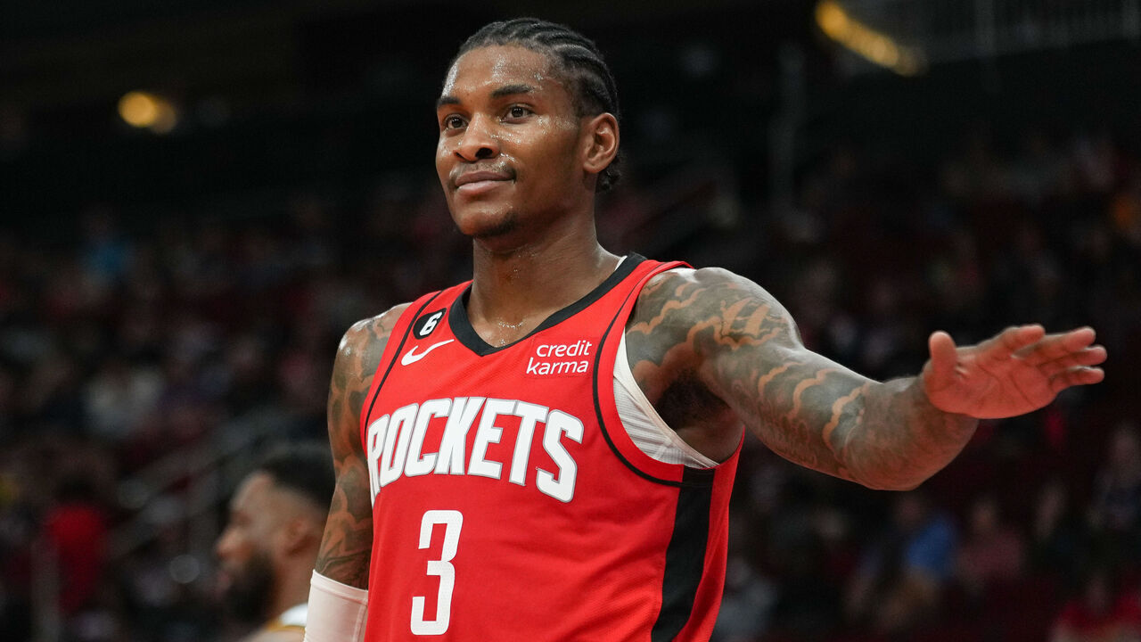 HOUSTON, TEXAS - APRIL 04: Kevin Porter Jr. #3 of the Houston Rockets reacts after a play during the game against the Denver Nuggets at Toyota Center on April 04, 2023 in Houston, Texas.