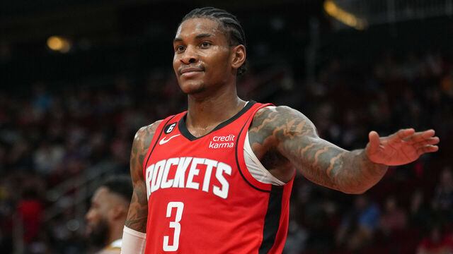 HOUSTON, TEXAS - APRIL 04: Kevin Porter Jr. #3 of the Houston Rockets reacts after a play during the game against the Denver Nuggets at Toyota Center on April 04, 2023 in Houston, Texas.