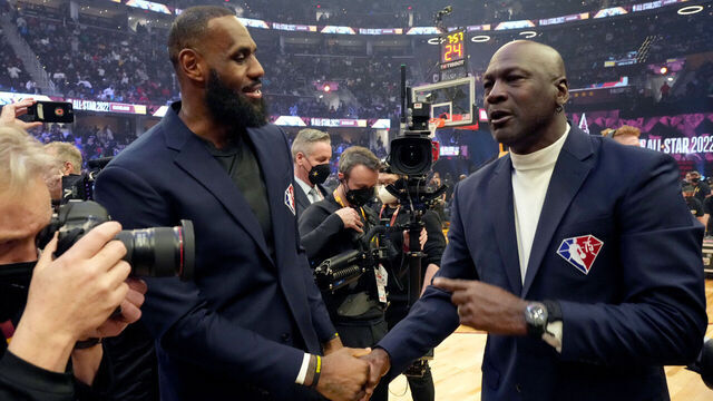 CLEVELAND, OHIO - FEBRUARY 20: (L-R) LeBron James and Michael Jordan attend the 2022 NBA All-Star Game at Rocket Mortgage Fieldhouse on February 20, 2022 in Cleveland, Ohio.