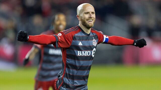 Michael Bradley of Toronto FC celebrates scoring during the 2023 Major League SoccerMLS match between Toronto FC and Charlotte FC at BMO Field in Toronto, Canada, on April 1, 2023.