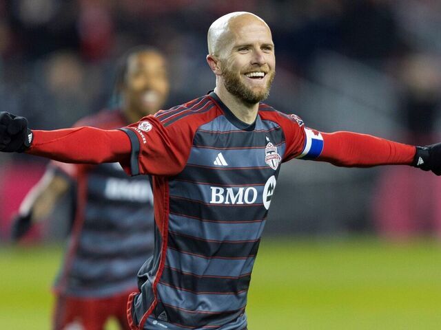 Michael Bradley of Toronto FC celebrates scoring during the 2023 Major League SoccerMLS match between Toronto FC and Charlotte FC at BMO Field in Toronto, Canada, on April 1, 2023.
