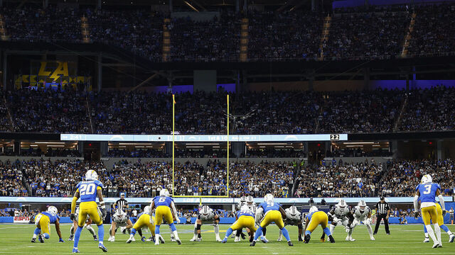 INGLEWOOD, CALIFORNIA - OCTOBER 16: A general view of play between the Dallas Cowboys and the Los Angeles Chargers at SoFi Stadium on October 16, 2023 in Inglewood, California.
