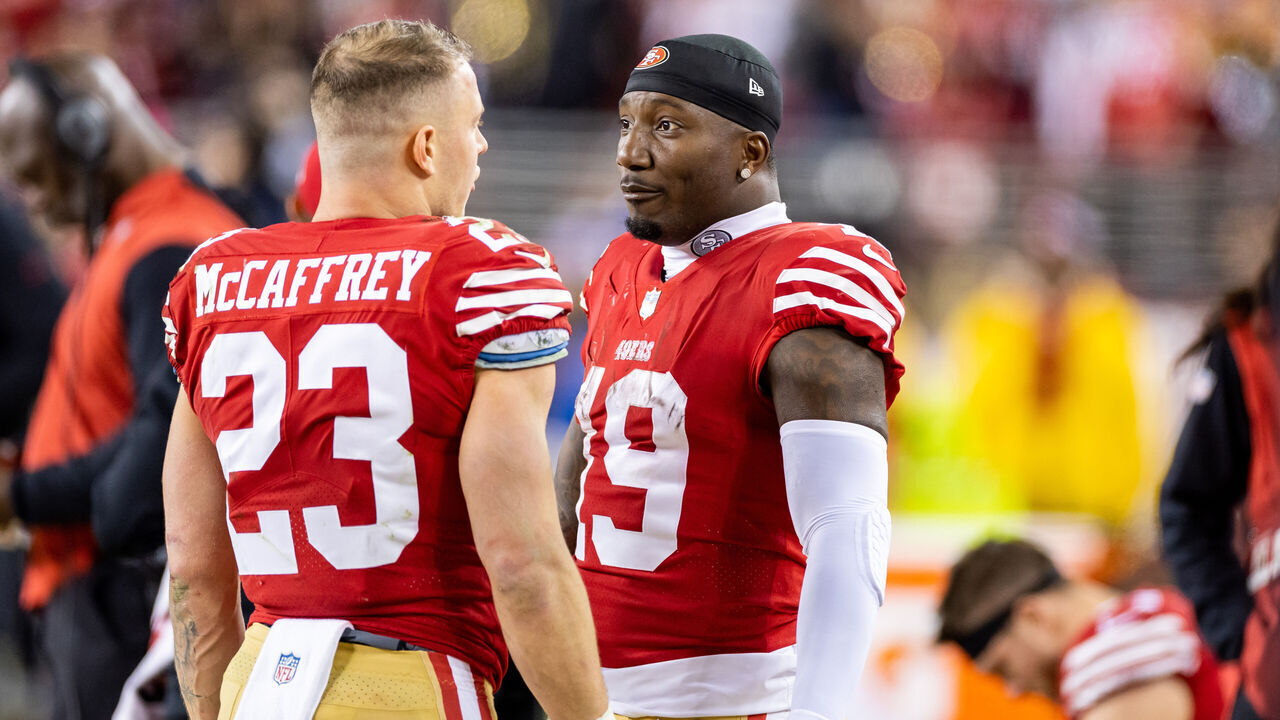 SANTA CLARA, CA - JANUARY 22: San Francisco 49ers wide receiver Deebo Samuel (19) talks to San Francisco 49ers running back Christian McCaffrey (23) on the sidelines during the NFL NFC Divisional Playoff game between the Dallas Cowboys and San Francisco 49ers at Levis Stadium in Santa Clara, CA.