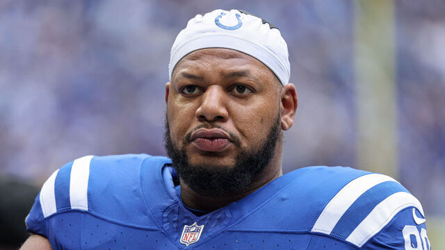 INDIANAPOLIS, INDIANA - OCTOBER 8: Grover Stewart #90 of the Indianapolis Colts is seen during the game against the Tennessee Titans at Lucas Oil Stadium on October 8, 2023 in Indianapolis, Indiana.