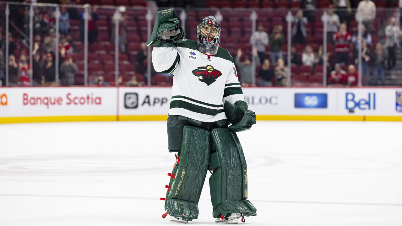 MONTREAL, CANADA - OCTOBER 17: Marc-Andre Fleury #29 of the Minnesota Wild salutes the fans after being named the first period of during the third period of the NHL regular season game between the Montreal Canadiens and the Minnesota Wild at the Bell Centre on October 17, 2023 in Montreal, Quebec, Canada.
