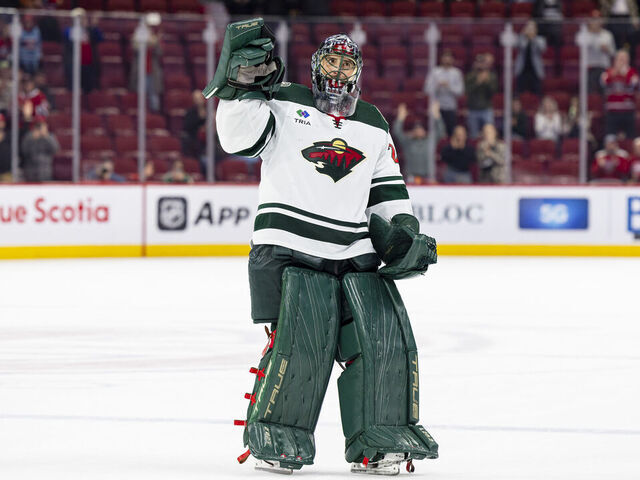 MONTREAL, CANADA - OCTOBER 17: Marc-Andre Fleury #29 of the Minnesota Wild salutes the fans after being named the first period of during the third period of the NHL regular season game between the Montreal Canadiens and the Minnesota Wild at the Bell Centre on October 17, 2023 in Montreal, Quebec, Canada.