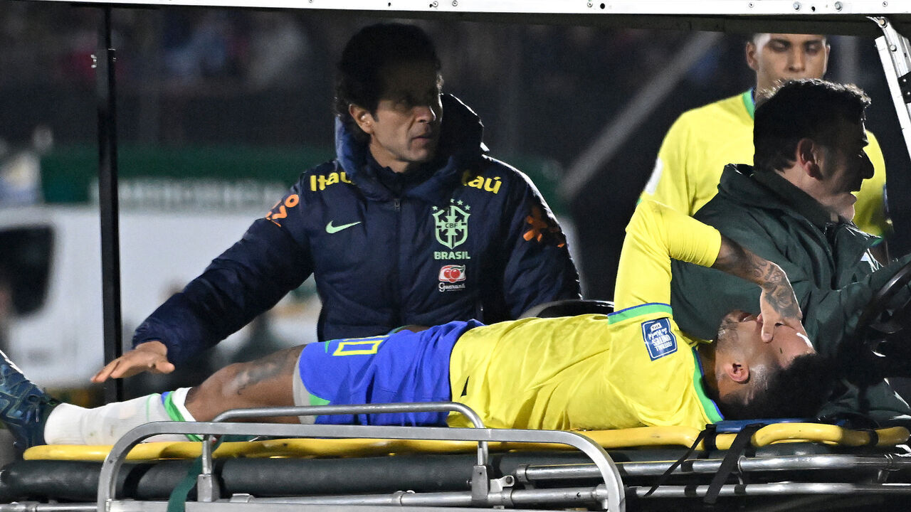 MONTEVIDEO, URUGUAY - OCTOBER 17: Neymar Jr. of Brazil reacts after being injured during the FIFA World Cup 2026 Qualifier match between Uruguay and Brazil at Centenario Stadium on October 17, 2023 in Montevideo, Uruguay.