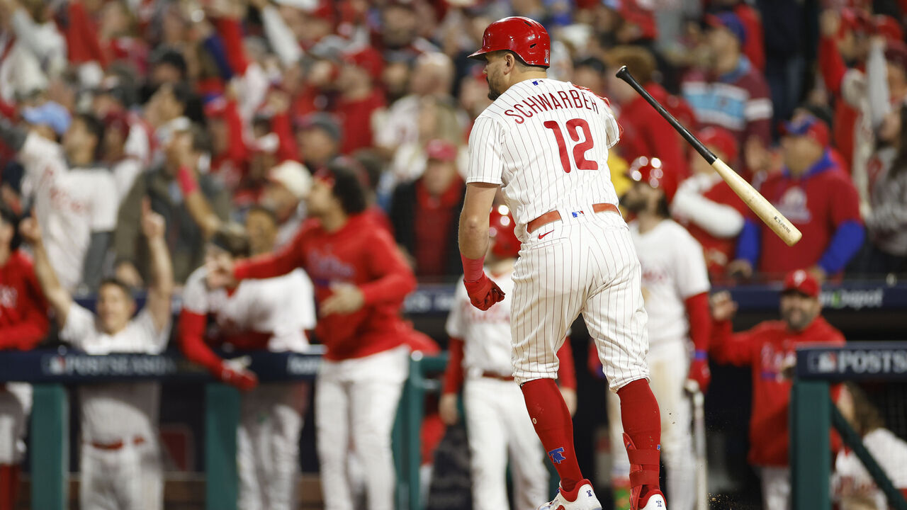 PHILADELPHIA, PENNSYLVANIA - OCTOBER 17: Kyle Schwarber #12 of the Philadelphia Phillies reacts to a sixth inning home run against the Arizona Diamondbacks during Game Two of the Championship Series at Citizens Bank Park on October 17, 2023 in Philadelphia, Pennsylvania.