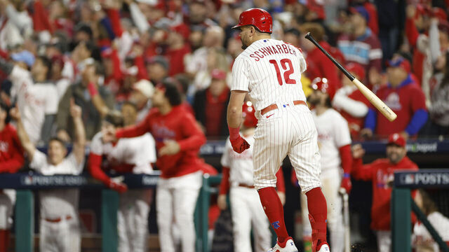 PHILADELPHIA, PENNSYLVANIA - OCTOBER 17: Kyle Schwarber #12 of the Philadelphia Phillies reacts to a sixth inning home run against the Arizona Diamondbacks during Game Two of the Championship Series at Citizens Bank Park on October 17, 2023 in Philadelphia, Pennsylvania.