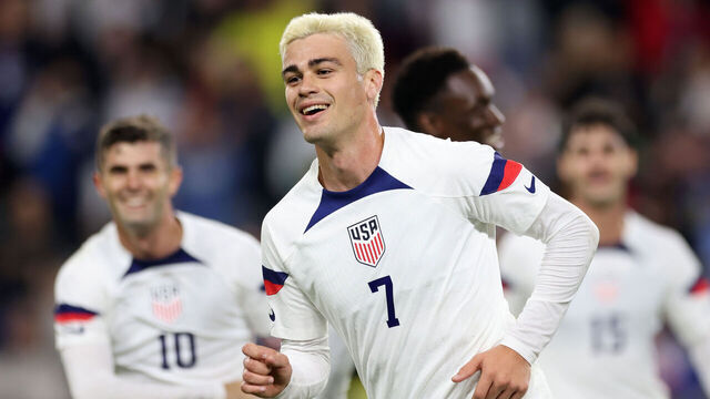 NASHVILLE, TENNESSEE - OCTOBER 17: Gio Reyna #7 of the United States celebrates scoring during the first half against Ghana during an international friendly at GEODIS Park on October 17, 2023 in Nashville, Tennessee.