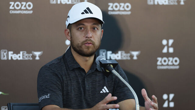 INZAI, JAPAN - OCTOBER 18: Xander Schauffele of United States speaks in a press conference ahead of the ZOZO Championship at Narashino Country Club on October 18, 2023 in Inzai, Chiba, Japan.
