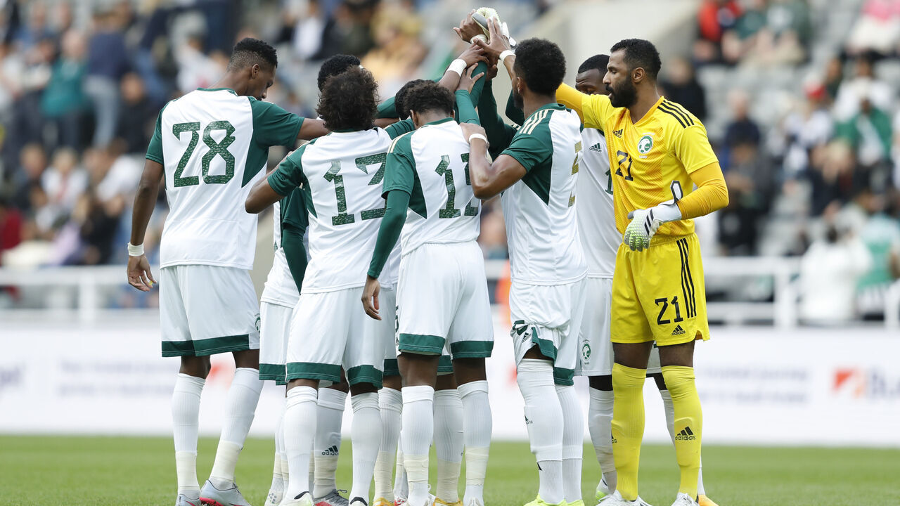Saudi Arabia players have a team talk ahead of the international friendly match at St. James' Park, Newcastle upon Tyne. Picture date: Tuesday September 12, 2023.