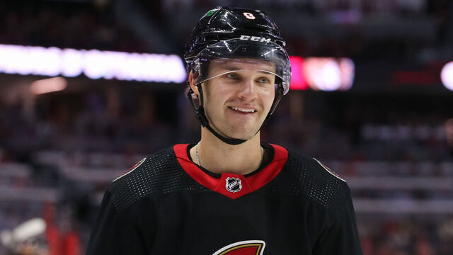 OTTAWA, CANADA - OCTOBER 18: Josh Norris #9 of the Ottawa Senators skates against the Boston Bruins at Canadian Tire Centre on October 18, 2022 in Ottawa, Ontario, Canada.