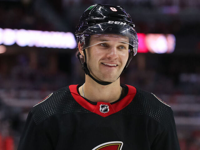 OTTAWA, CANADA - OCTOBER 18: Josh Norris #9 of the Ottawa Senators skates against the Boston Bruins at Canadian Tire Centre on October 18, 2022 in Ottawa, Ontario, Canada.