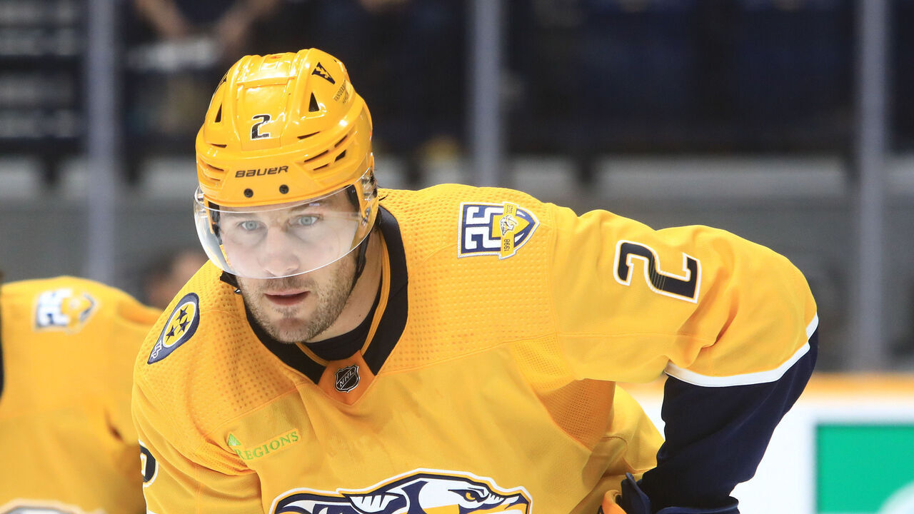 NASHVILLE, TN - SEPTEMBER 27: Nashville Predators defenseman Luke Schenn (2) is shown during the NHL preseason game between the Nashville Predators and Tampa Bay Lightning, held on September 27, 2023, at Bridgestone Arena in Nashville, Tennessee.