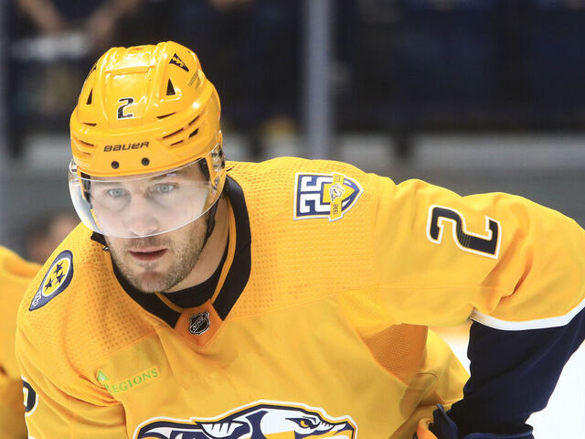 NASHVILLE, TN - SEPTEMBER 27: Nashville Predators defenseman Luke Schenn (2) is shown during the NHL preseason game between the Nashville Predators and Tampa Bay Lightning, held on September 27, 2023, at Bridgestone Arena in Nashville, Tennessee.