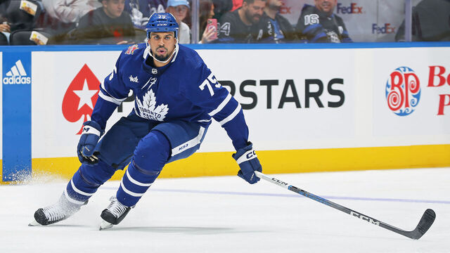 TORONTO, CANADA - OCTOBER 14: Ryan Reaves #75 of the Toronto Maple Leafs skates against the Minnesota Wild during the second period in an NHL game at Scotiabank Arena on October 14, 2023 in Toronto, Ontario, Canada. The Maple Leafs defeated the Wild 7-4.
