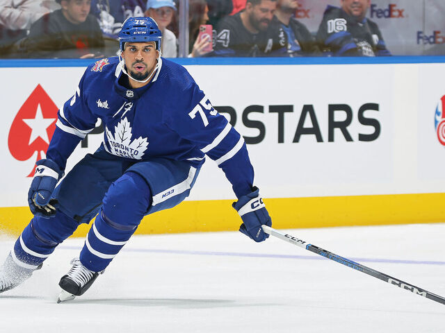 TORONTO, CANADA - OCTOBER 14: Ryan Reaves #75 of the Toronto Maple Leafs skates against the Minnesota Wild during the second period in an NHL game at Scotiabank Arena on October 14, 2023 in Toronto, Ontario, Canada. The Maple Leafs defeated the Wild 7-4.