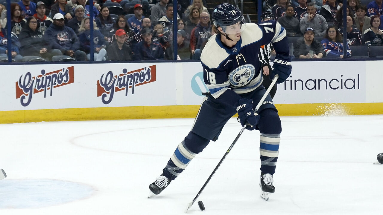 COLUMBUS, OHIO - OCTOBER 14: Damon Severson #78 of the Columbus Blue Jackets controls the puck during the game against the New York Rangers at Nationwide Arena on October 14, 2023 in Columbus, Ohio.