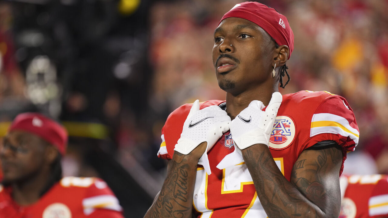 KANSAS CITY, MO - NOVEMBER 06: Mecole Hardman #17 of the Kansas City Chiefs stands for the national anthem against the Tennessee Titans at GEHA Field at Arrowhead Stadium on November 6, 2022 in Kansas City, Missouri.