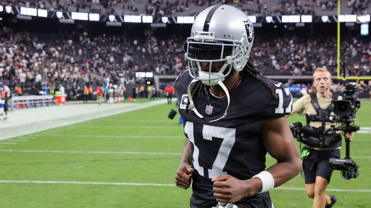 LAS VEGAS, NEVADA - OCTOBER 15: Wide receiver Davante Adams #17 of the Las Vegas Raiders runs off the field after the Raiders' 21-17 victory over the New England Patriots at Allegiant Stadium on October 15, 2023 in Las Vegas, Nevada.