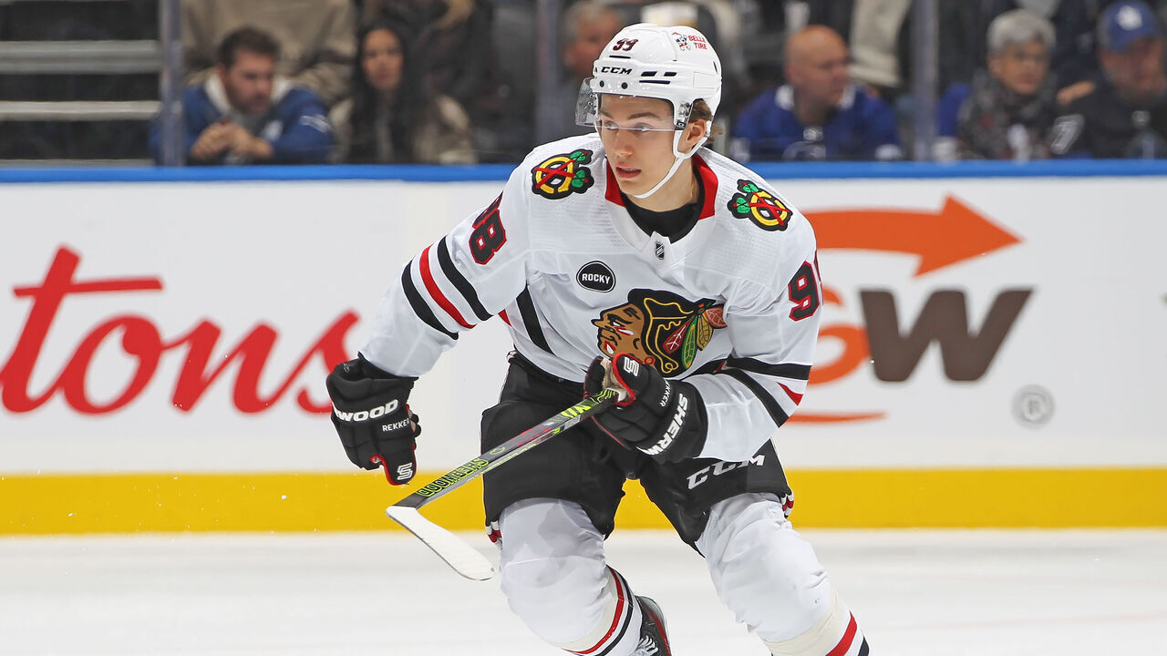 TORONTO, CANADA - OCTOBER 16: Connor Bedard #98 of the Chicago Blackhawks skates against the Toronto Maple Leafs during the first period in an NHL game at Scotiabank Arena on October 16, 2023 in Toronto, Ontario, Canada. The Blackhawks defeated the Maple Leafs 4-1.