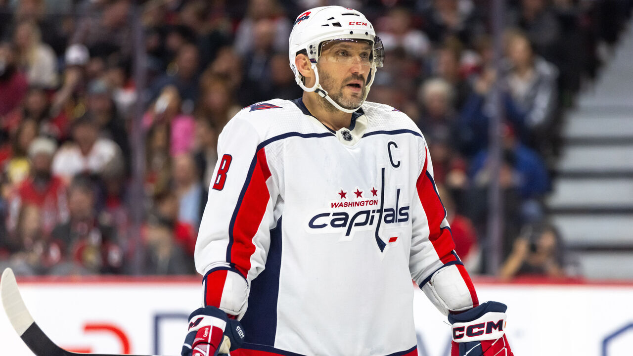 Ottawa, ON - October 18: Washington Capitals Left Wing Alex Ovechkin (8) before a face-off during third period National Hockey League action between the Washington Capitals and Ottawa Senators on October 18, 2023, at Canadian Tire Centre in Ottawa, ON, Canada.