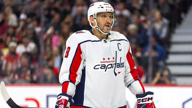 Ottawa, ON - October 18: Washington Capitals Left Wing Alex Ovechkin (8) before a face-off during third period National Hockey League action between the Washington Capitals and Ottawa Senators on October 18, 2023, at Canadian Tire Centre in Ottawa, ON, Canada.