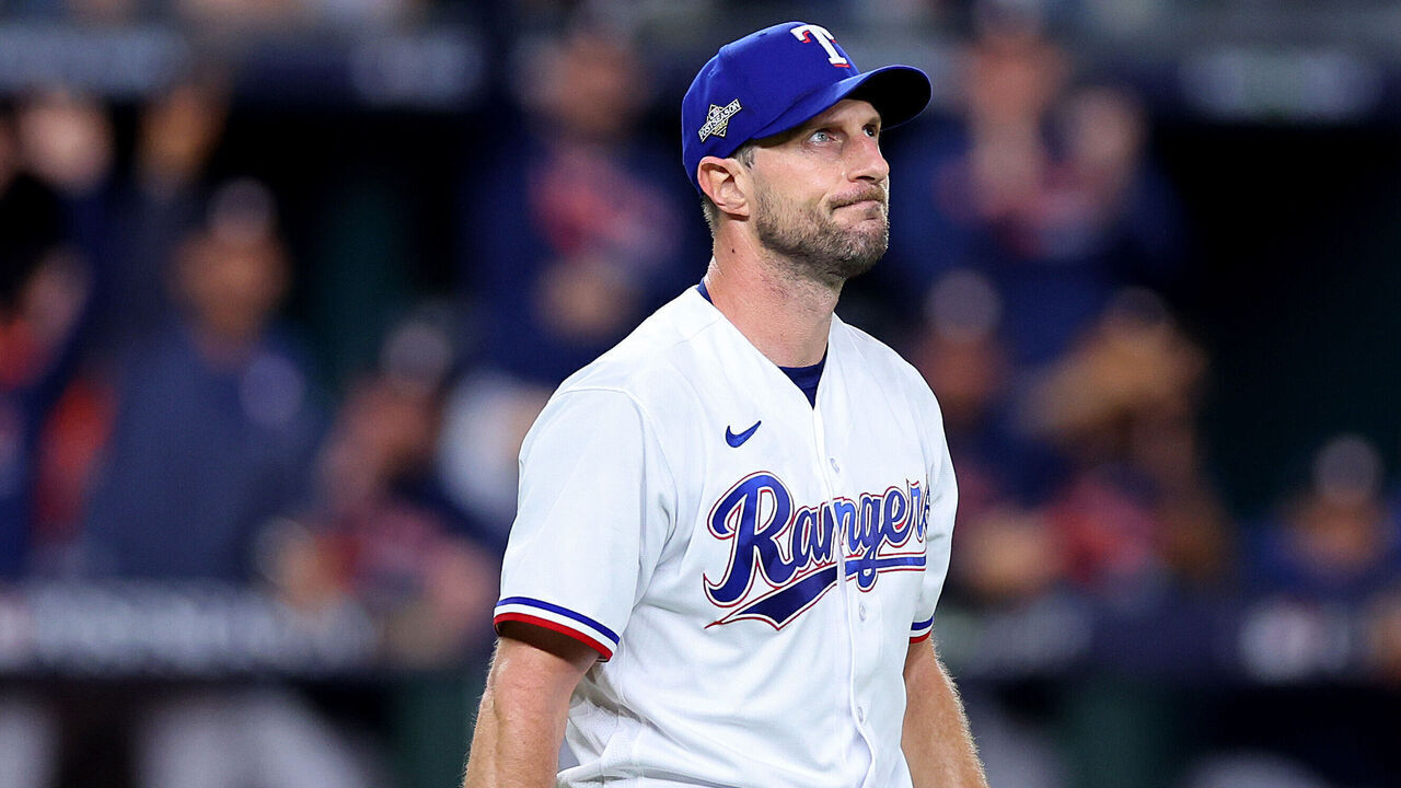 ARLINGTON, TEXAS - OCTOBER 18: Max Scherzer #31 of the Texas Rangers reacts after giving up an RBI single to Mauricio Dubon #14 of the Houston Astros during the fourth inning in Game Three of the American League Championship Series at Globe Life Field on October 18, 2023 in Arlington, Texas.