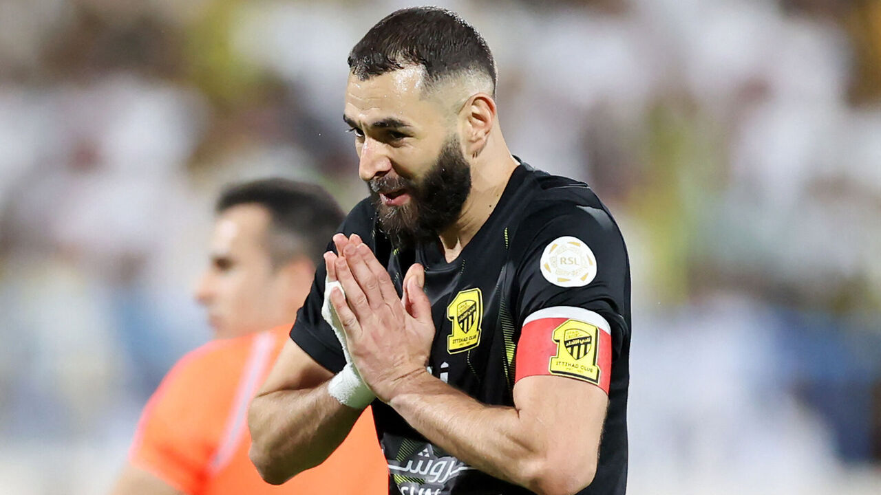 Ittihad's French forward #09 Karim Benzema gestures during the Saudi Pro League football match between Al-Ittihad and Al-Akhdoud at Prince Hathloul bin Abdulaziz Stadium in Najran on September 14, 2023.
